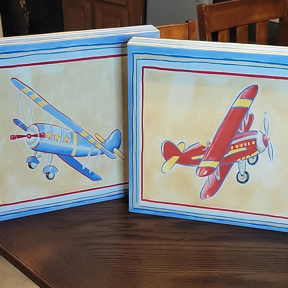 Vintage Airplane Wall Art Pair - Red & Blue Children's Prints